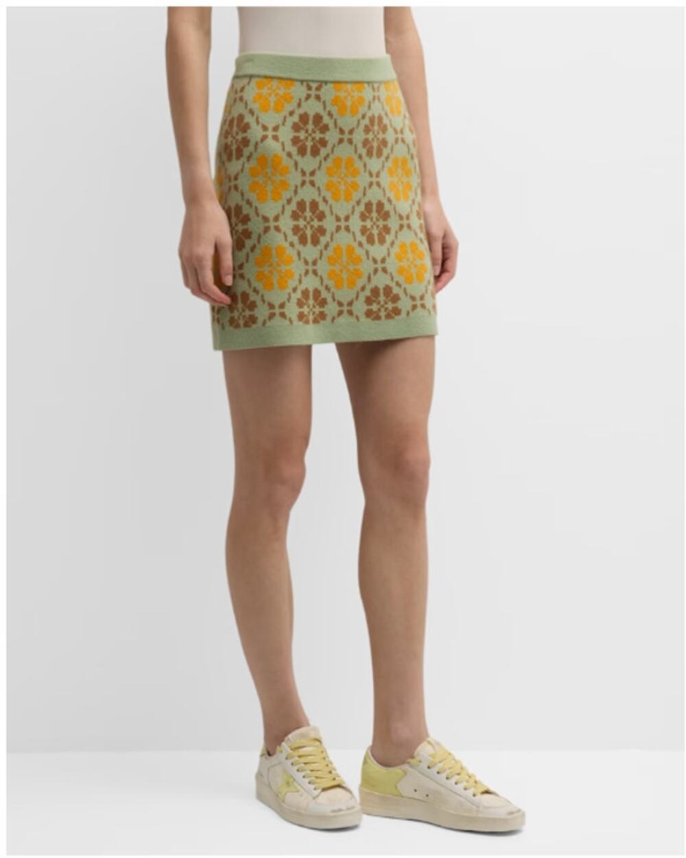 Lingua Franca Wool Cashmere Argyle Floral Mini Skirt Sage Gold Large NWOT